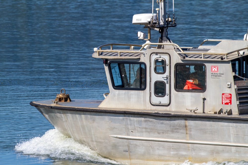 U.S. Army Corps of Engineers Portland districts’ hopper dredge, Essayons, launch boat.