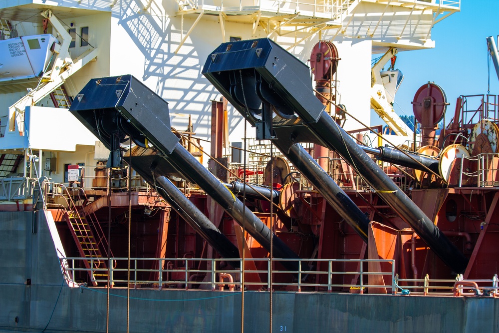 U.S. Army Corps of Engineers Portland districts’ hopper dredge, Essayons dredging the Columbia River.