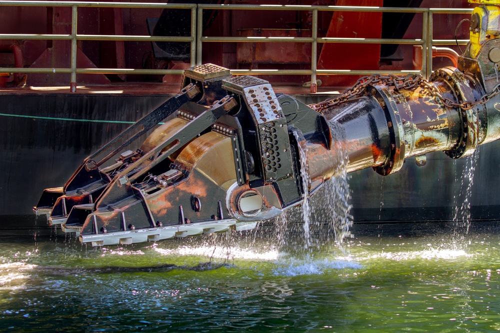 U.S. Army Corps of Engineers Portland districts’ hopper dredge, Essayons dredging the Columbia River.