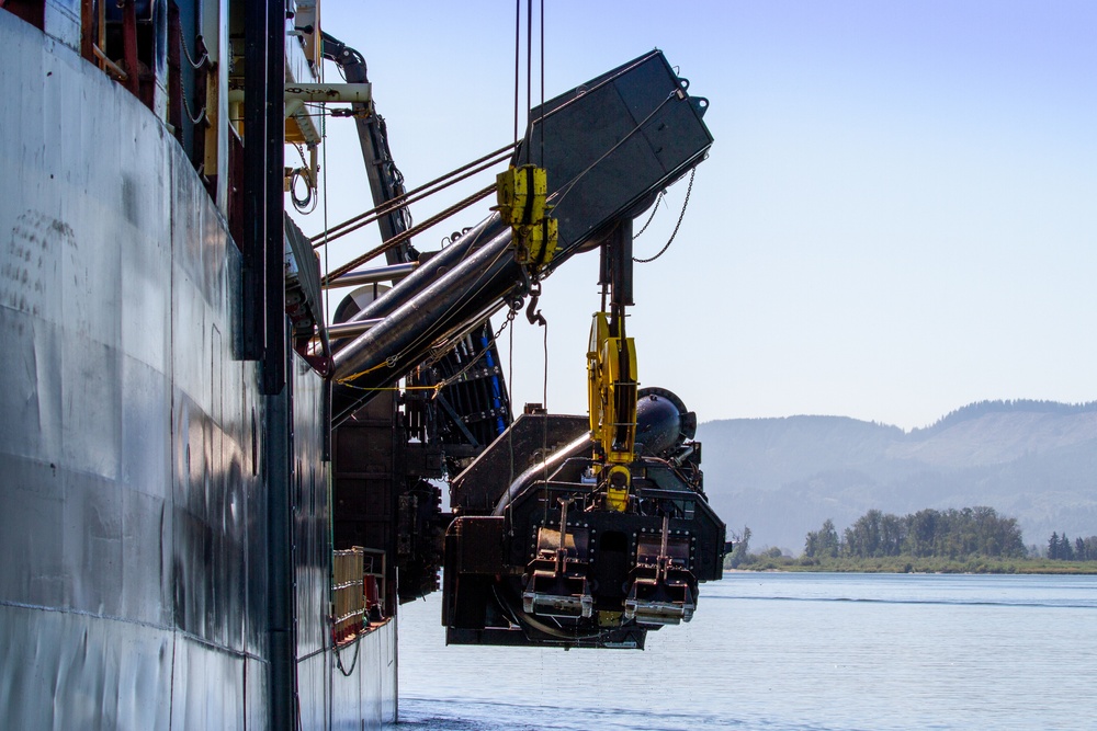 U.S. Army Corps of Engineers Portland districts’ hopper dredge, Essayons dredging the Columbia River.