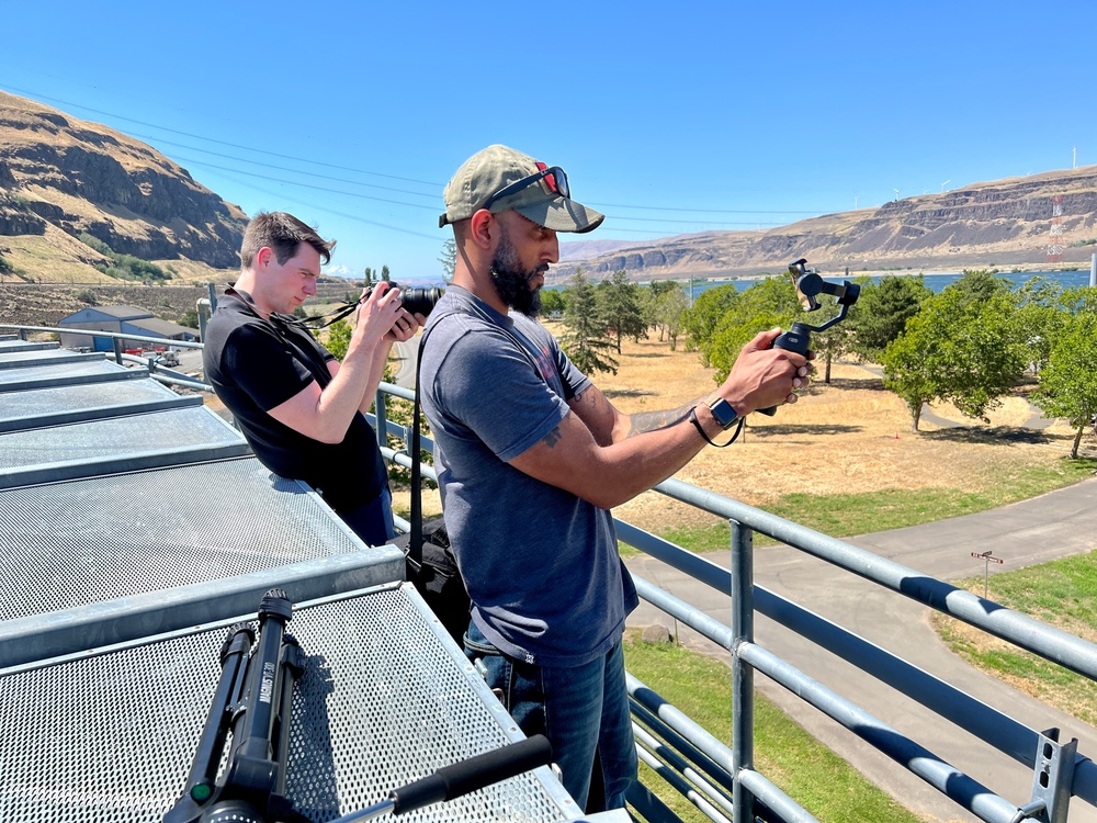 USACE Public Affairs Specialist, Chris Gaylord and Ernie Henry, recording a video about a lock outage, John Day Lock &amp; Dam, Aug. 3, 2022.