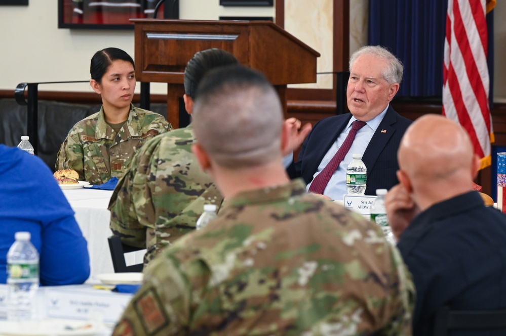 SecAF speaks one on one with Hanscom Airmen and civilian workforce.