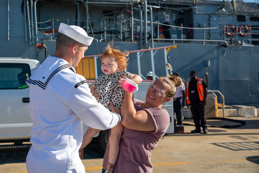 USS Leyte Gulf departs for a scheduled deployment.