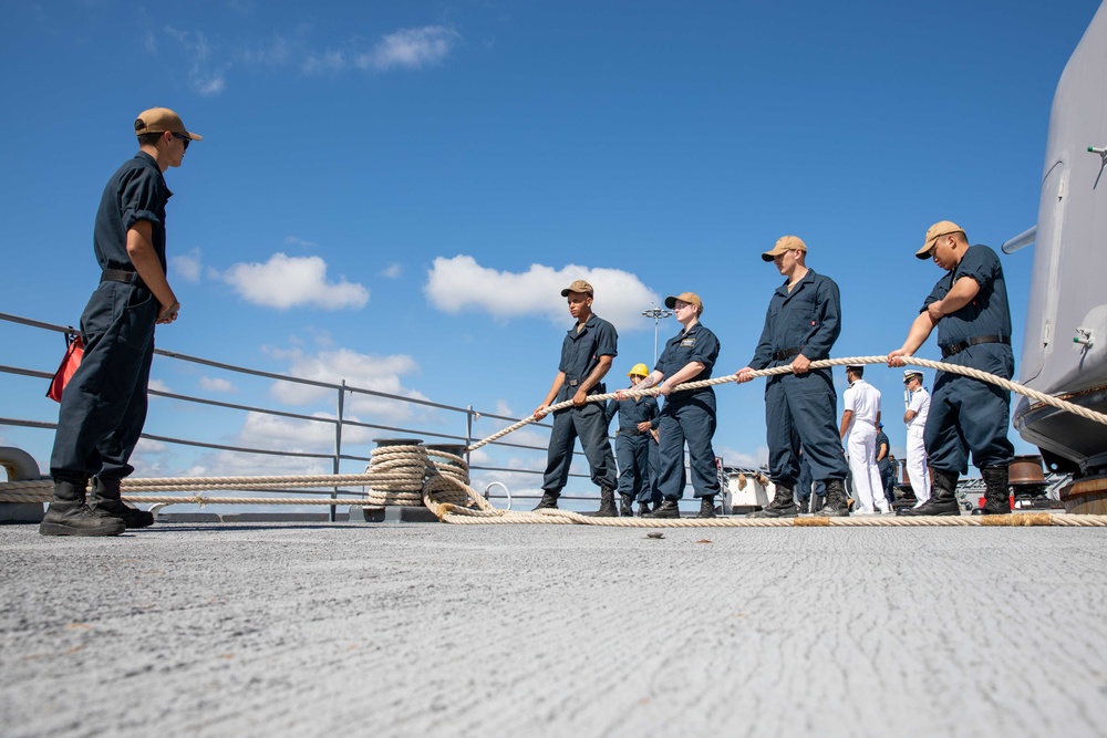 USS Leyte Gulf departs for a scheduled deployment.