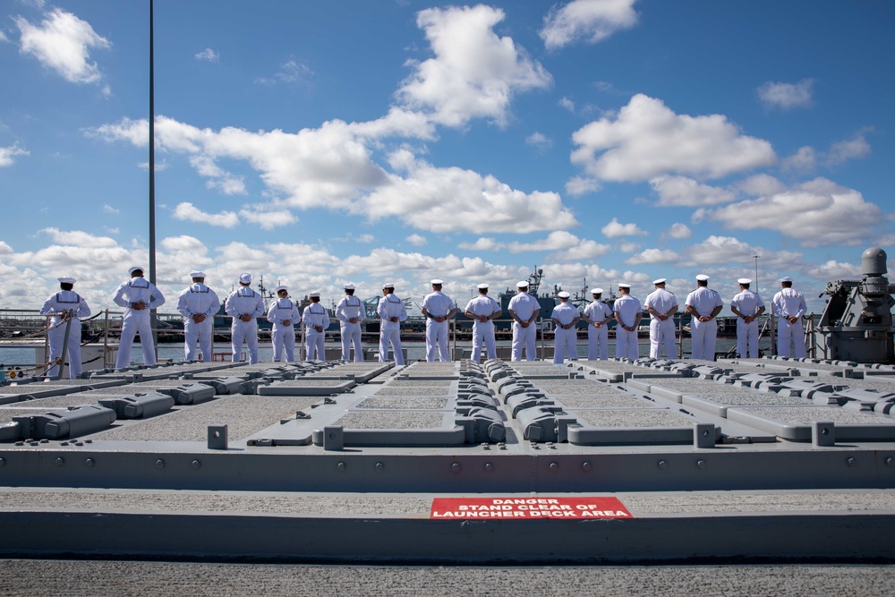 USS Leyte Gulf departs for a scheduled deployment.