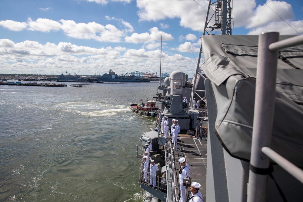 USS Leyte Gulf departs for a scheduled deployment.