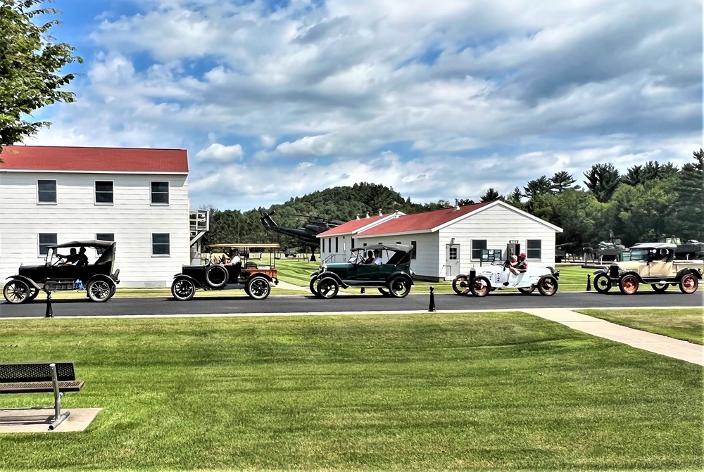 Model T Fords cruise through Fort McCoy's historic Commemorative Area