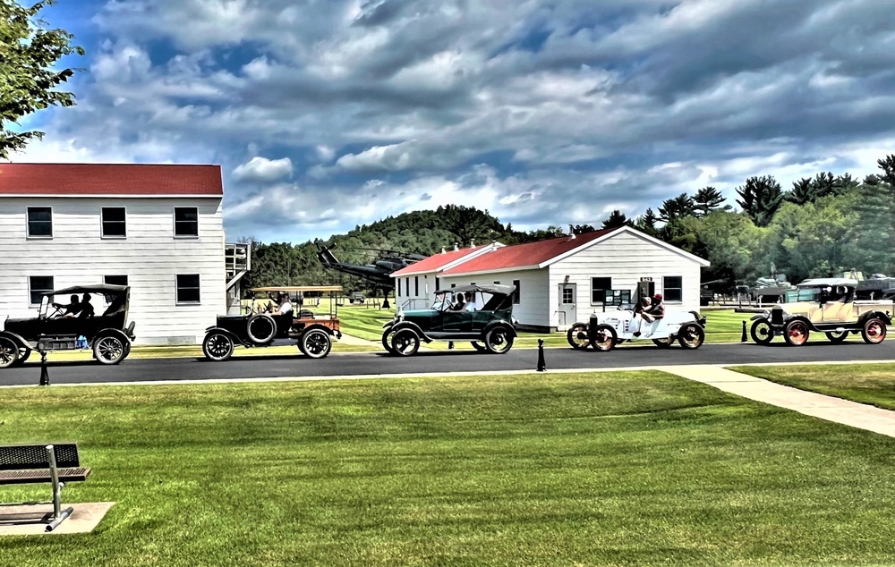 Model T Fords cruise through Fort McCoy's historic Commemorative Area