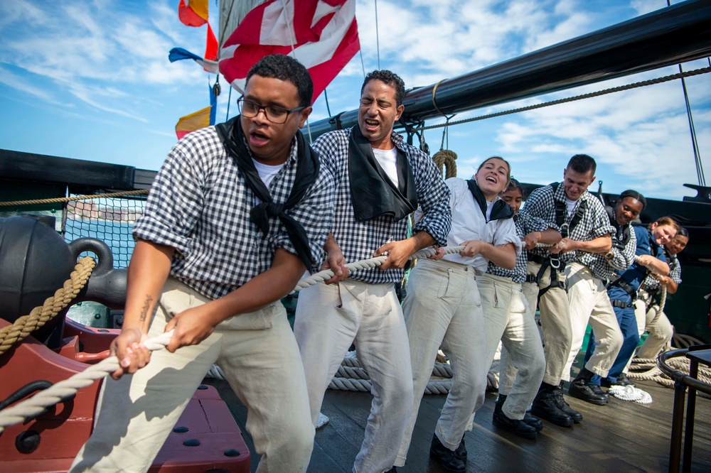 Sailors linehandle aboard USS Constituiton