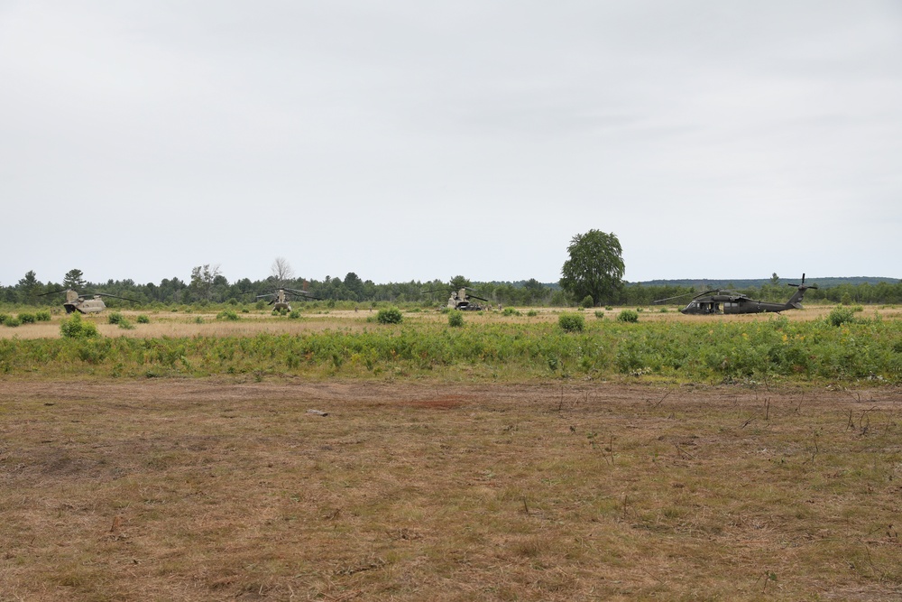 UH-60 blackhawk and CH-47 chinook helicopters in a field