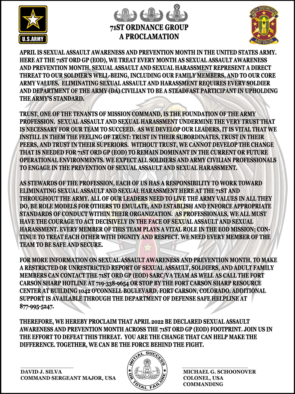 71st EOD Sexual Assault Awareness and Prevention Month proclamation