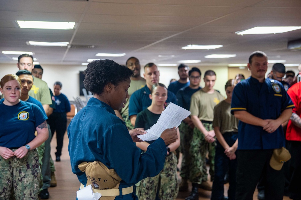USNS Mercy Sailors conduct quarters aboard USNS Mercy (T-AH 19)