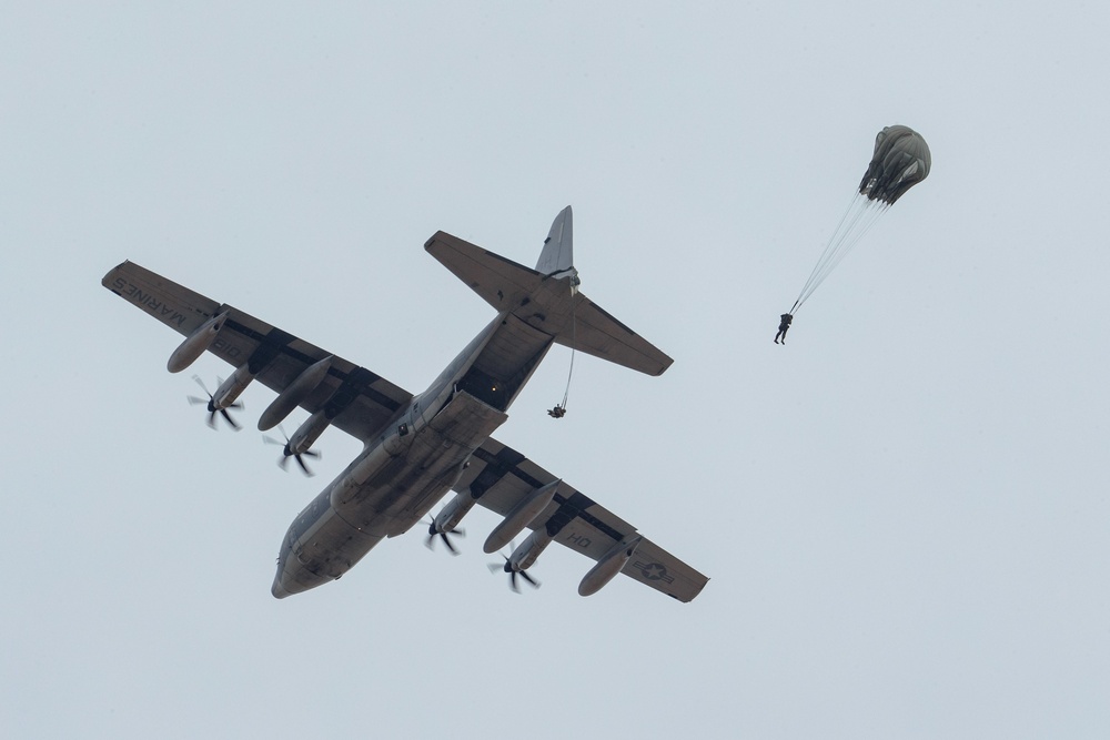 3rd ANGLICO parachute from a KC-130J Hercules on Camp Pendleton