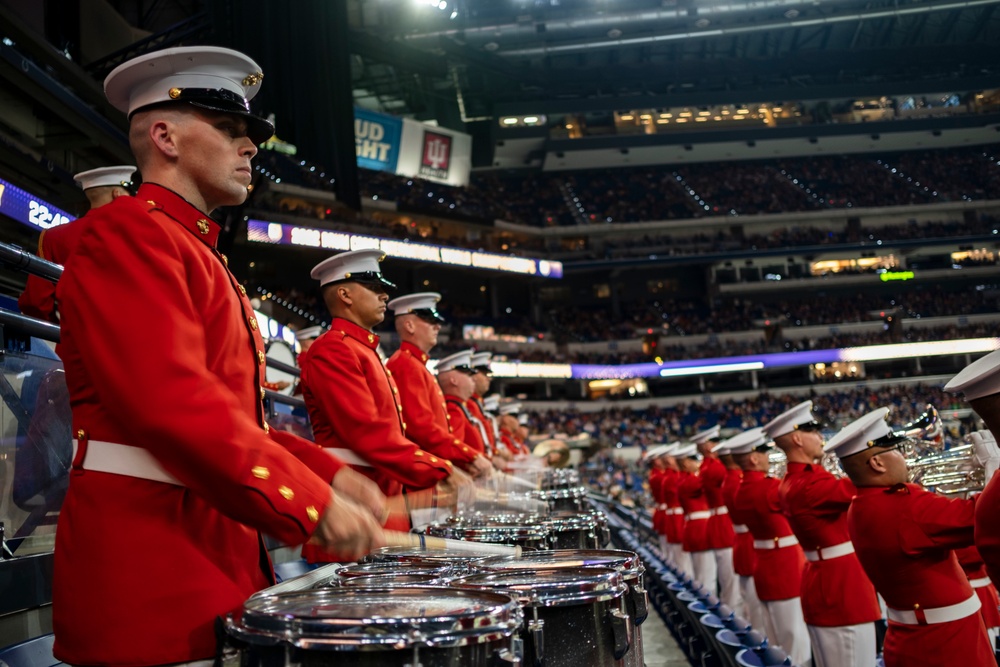 Marines with “The Commandant’s Own,” U.S. Marine Drum and Bugle Corps, showcased their talents in front of thousands of enthusiastic fans at Lucas Oil Stadium