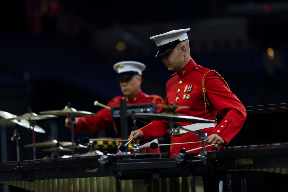 Marines with “The Commandant’s Own,” U.S. Marine Drum and Bugle Corps, showcased their talents in front of thousands of enthusiastic fans at Lucas Oil Stadium