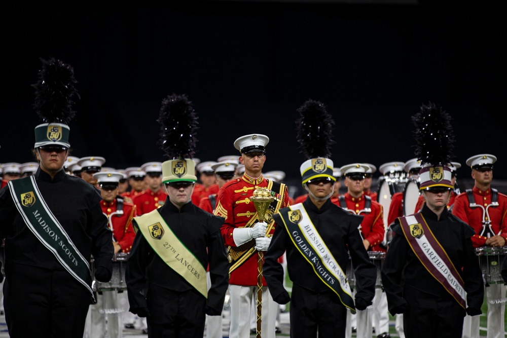 Marines with “The Commandant’s Own,” U.S. Marine Drum and Bugle Corps, showcased their talents in front of thousands of enthusiastic fans at Lucas Oil Stadium