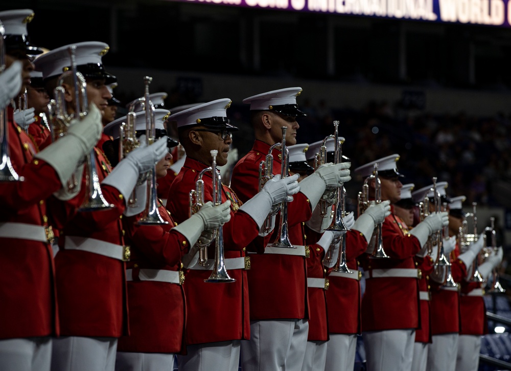 Marines with “The Commandant’s Own,” U.S. Marine Drum and Bugle Corps, showcased their talents in front of thousands of enthusiastic fans at Lucas Oil Stadium
