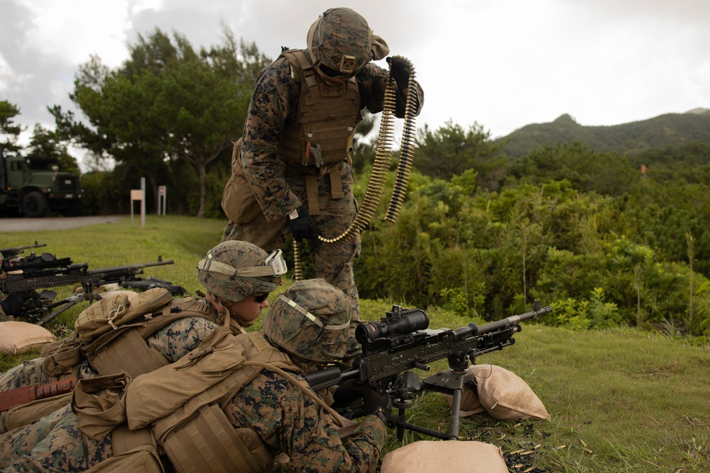 Marines with CLB- 4 conduct Tactical Combat Casualty Care training, machine gun range