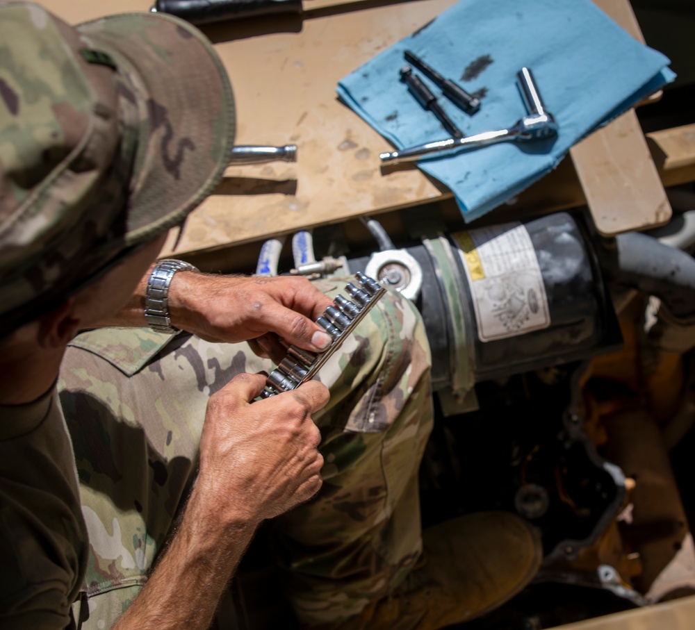 541st Division Sustainment Support Battalion, 1st Sustainment Brigade, 1st Infantry Division conducts vehicle maintenance at NTC