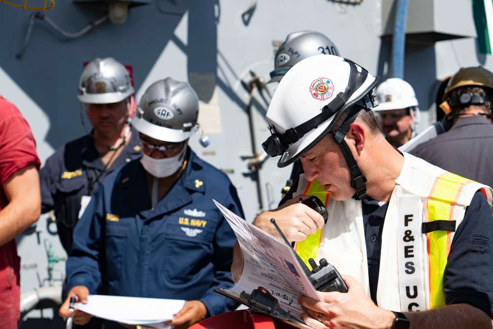 USS Dewey Sailors conduct fire drill with base firefighters