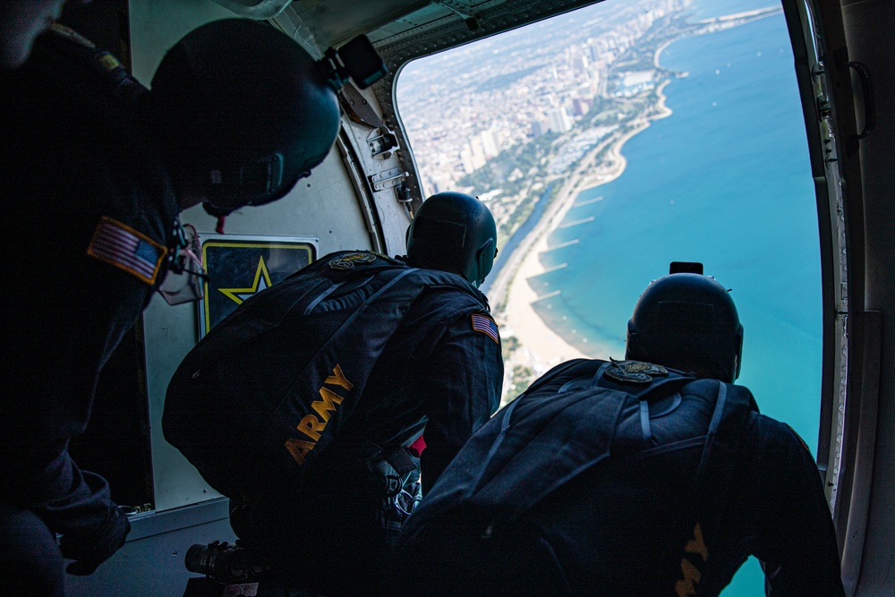 The U.S. Army Parachute Team jumps for the Chicago Air and Water Show