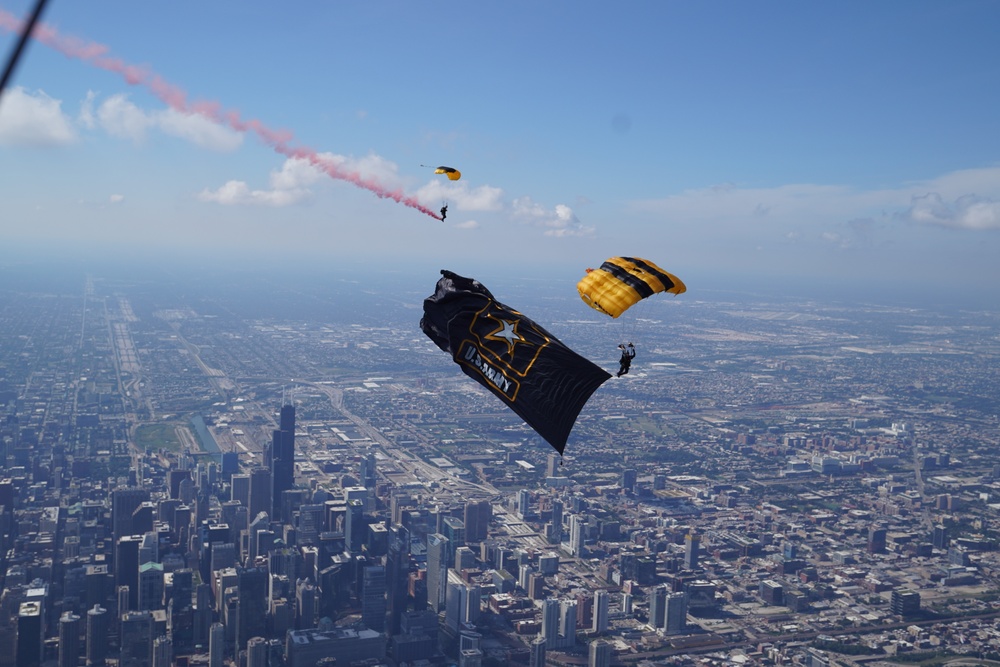 The U.S. Army Parachute Team jumps for the Chicago Air and Water Show