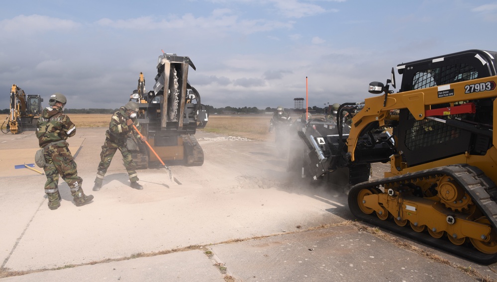 100th CES simulate repair of damaged runway during CBRNE exercise