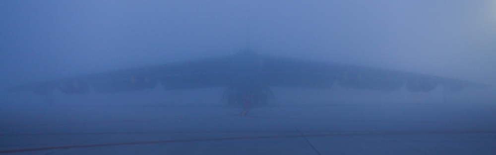 B-52H Stratofortress covered in fog on the flight line