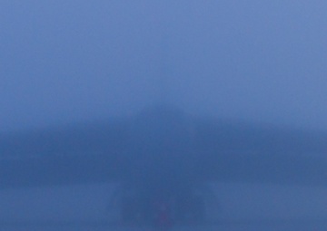 B-52H Stratofortress covered in fog on the flight line