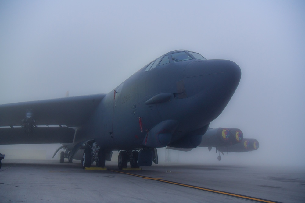 B-52H Stratofortress covered in fog on the flight line