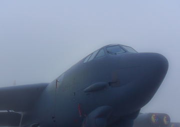 B-52H Stratofortress covered in fog on the flight line