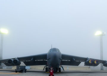 B-52H Stratofortress covered in fog on flight line