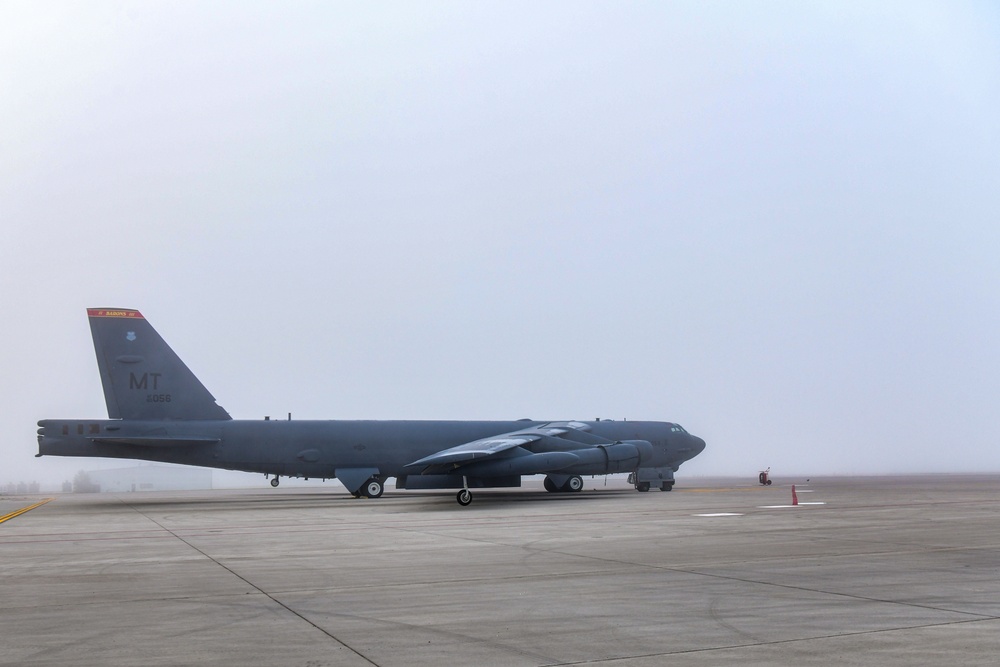 B-52H Stratofortress covered in fog on the flight line