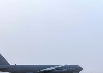 B-52H Stratofortress covered in fog on the flight line