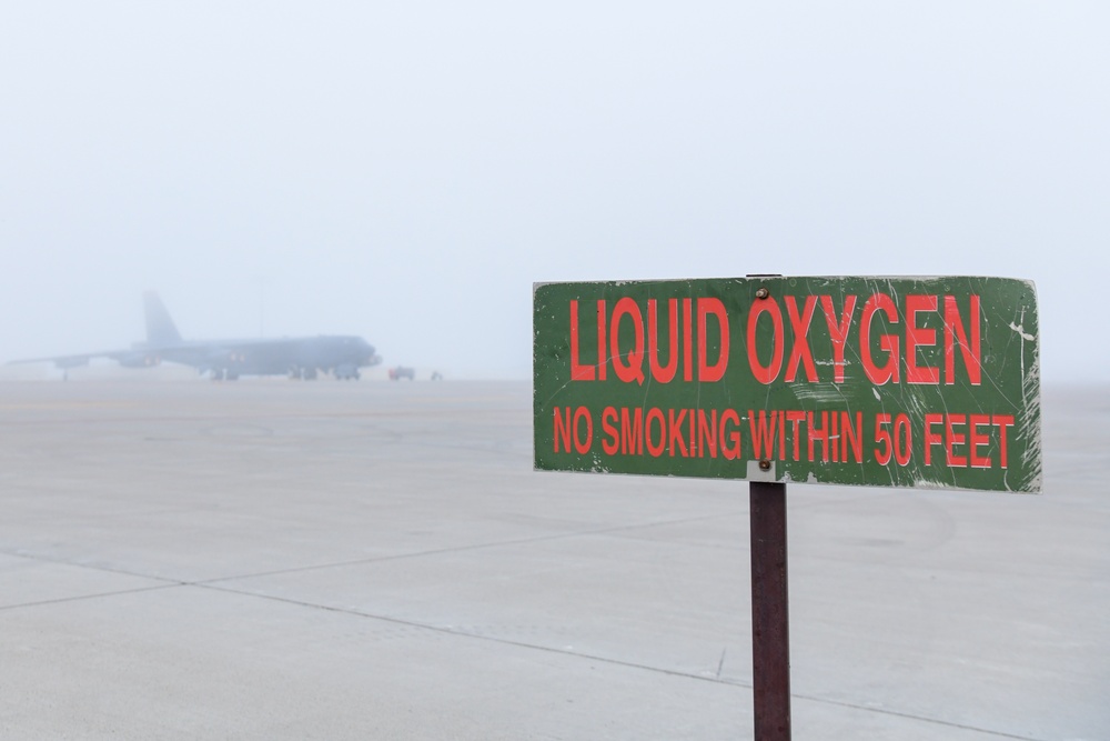 B-52H Stratofortress covered in fog on the flight line
