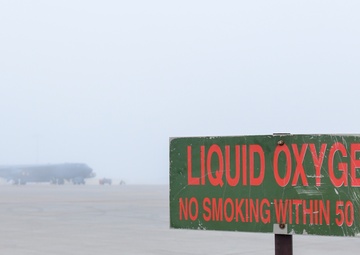 B-52H Stratofortress covered in fog on the flight line