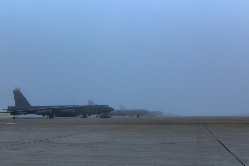 B-52H Stratofortress covered in fog on the flight line