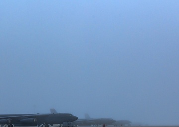 B-52H Stratofortress covered in fog on the flight line