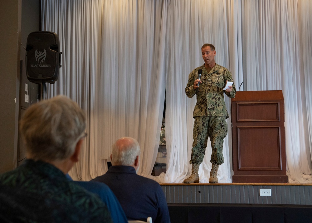 Rear Adm. Keith Davids, commander, Naval Special Warfare Command, speaks to members of the Navy SEAL-UDT Association