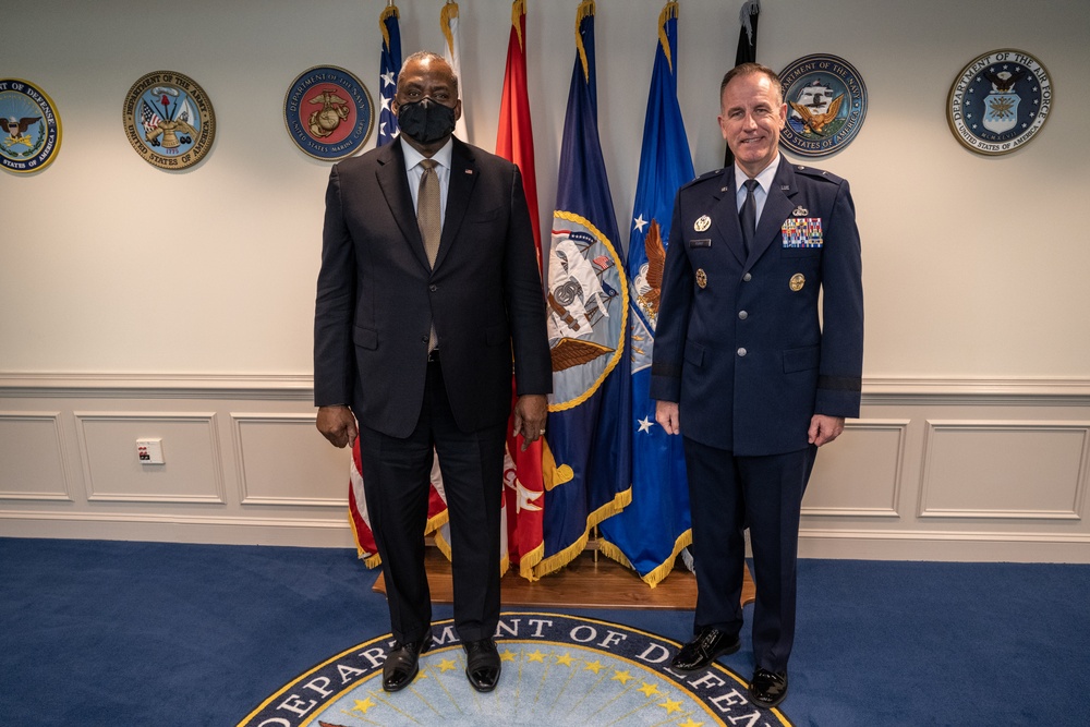 Secretary Austin meets with Pentagon Press Secretary Air Force Brig. Gen. Pat Ryder