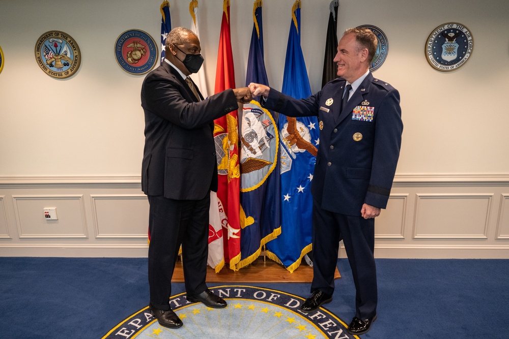 Secretary Austin meets with Pentagon Press Secretary Air Force Brig. Gen. Pat Ryder