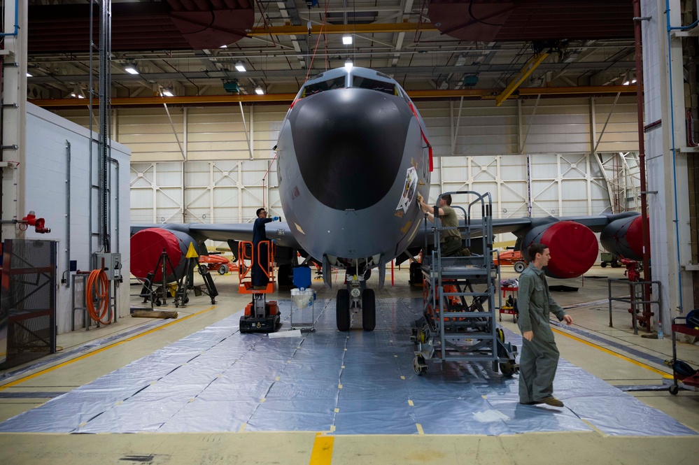 Corrosion control performs KC-135 maintenance