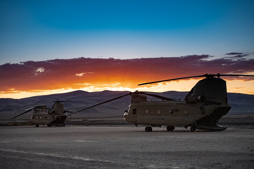 Nevada sunset over a CH-47 Chinook