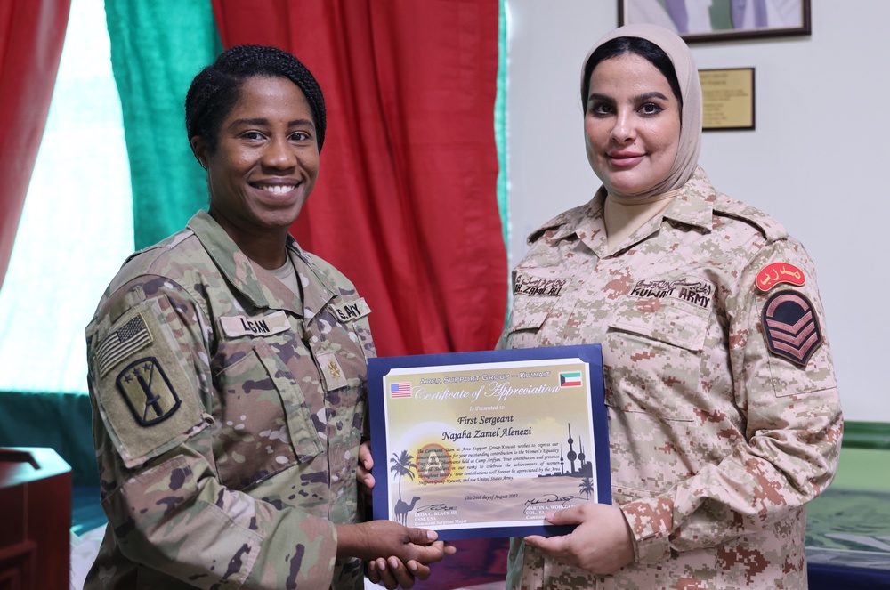 Kuwait Soldiers Visit Area Support Group – Kuwait during Women’s Equality Day Event, 2022