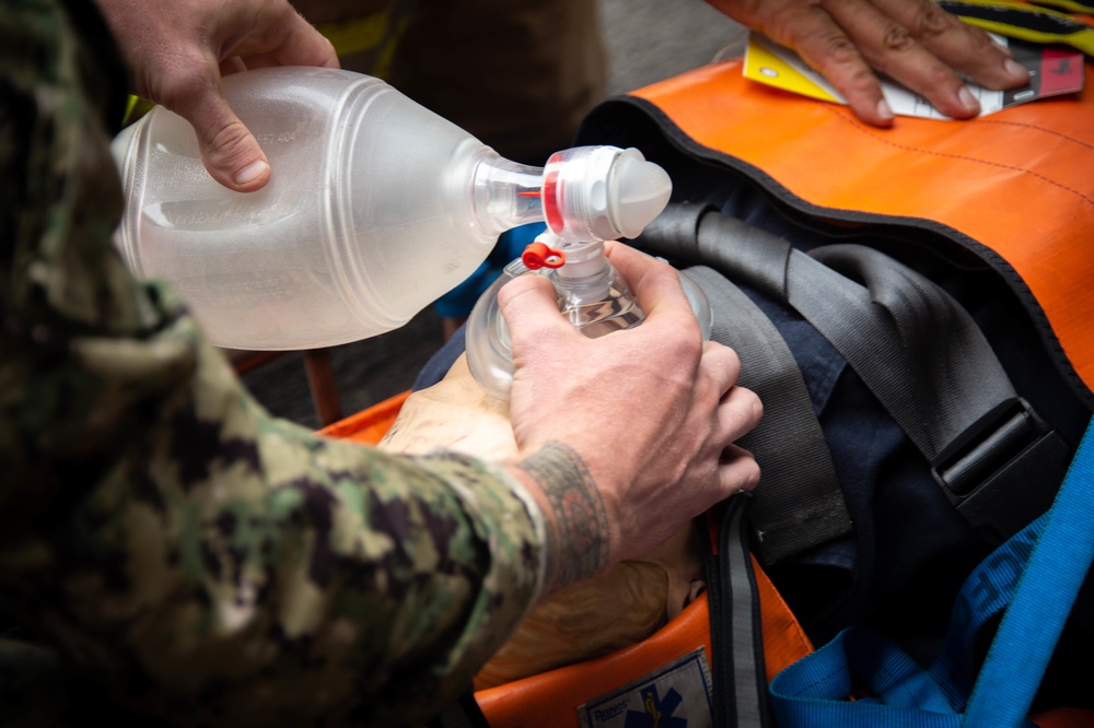 USS Carl Vinson (CVN 70) Sailors Conduct Fire Casualty Drill with San Diego Federal Fire Department