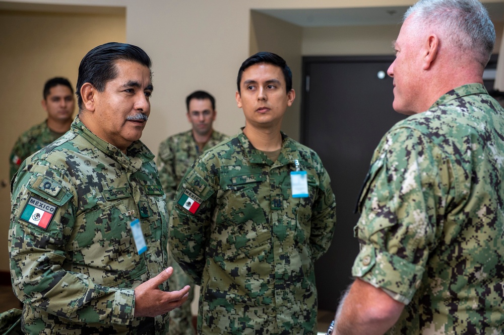 Rear Adm. Arturo García Fernández, Mexican Navy, chief of logistics section of the general staff of the Navy, meets with Rear Adm. Matthew Ott, U.S. Fleet Forces Command (USFFC), fleet supply officer, in the USFFC headquarters building.