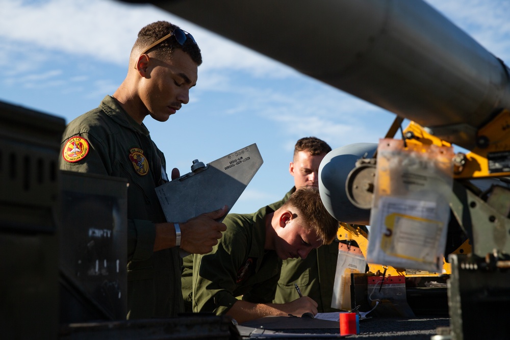 New Tricks For An Old Dog: Marines with VMA-223 load Air-to-Air missiles onto Harriers