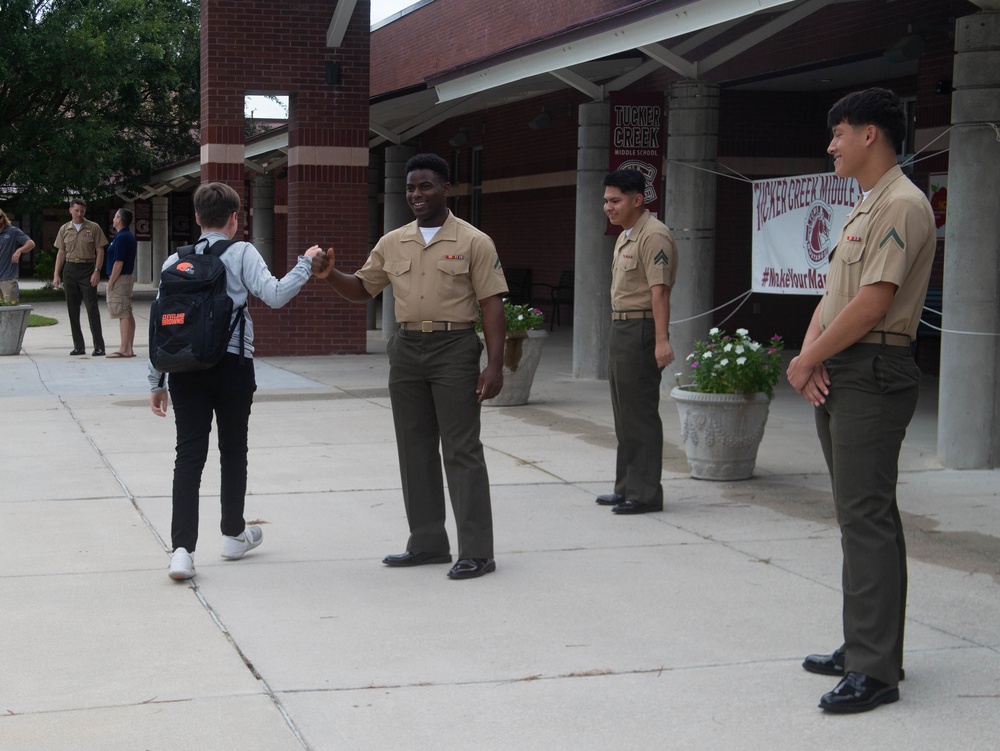 U.S. Marines Greet Students on Their First Day