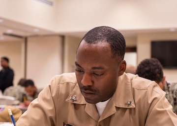 Sailors participate in the Navywide E6 advancement exam