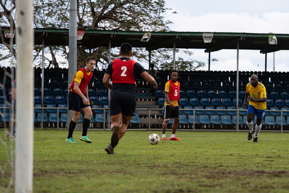 Pacific Partnership 2022 personnel compete against Solomon Islands national soccer team